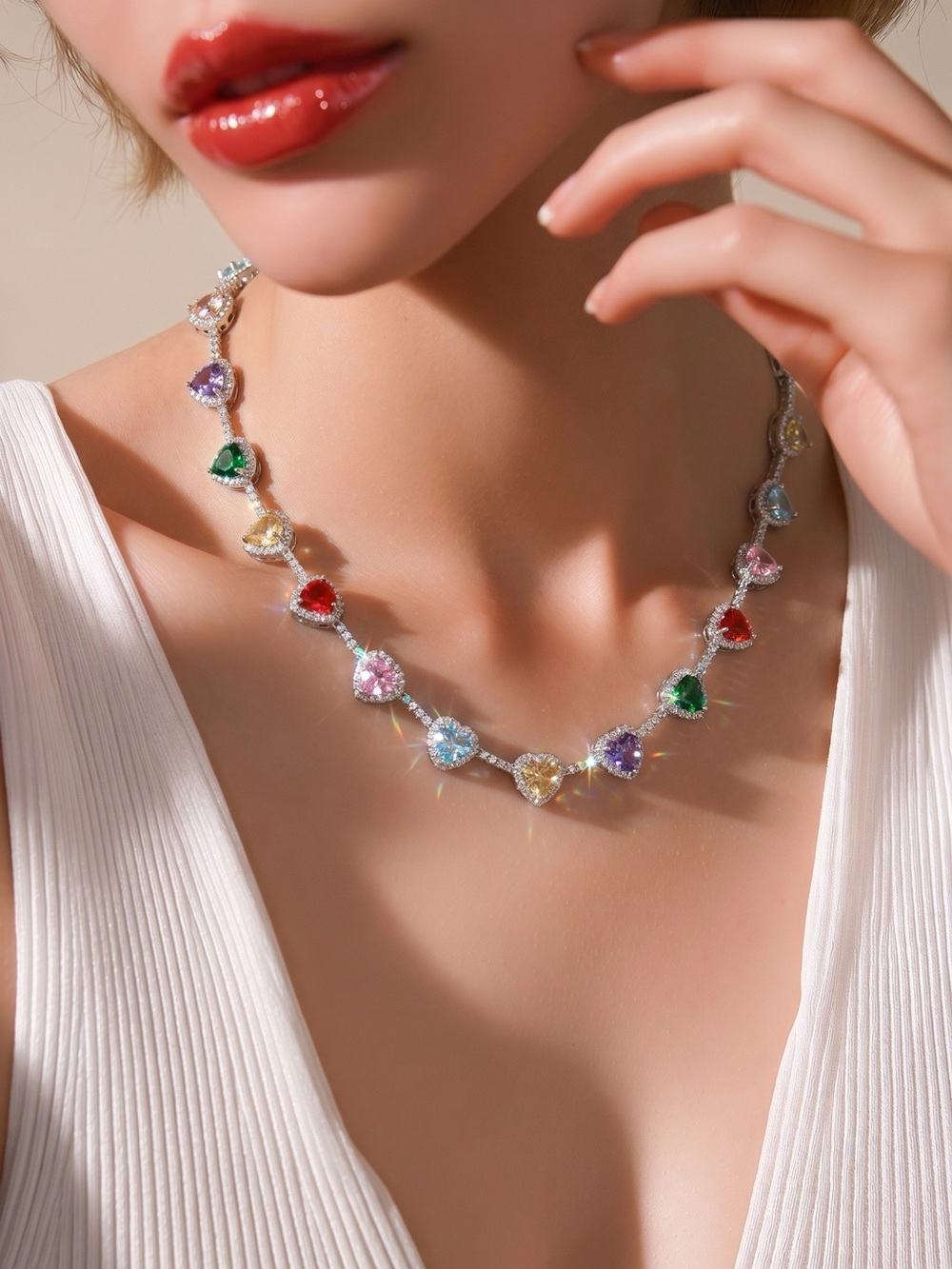 Breathtaking Heart-Shaped Multi-Color CZ Gemstone Necklace